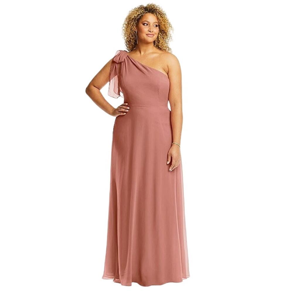 After Six Draped One-Shoulder Maxi Dress Evening Gown Bow Desert Rose 12 NWT